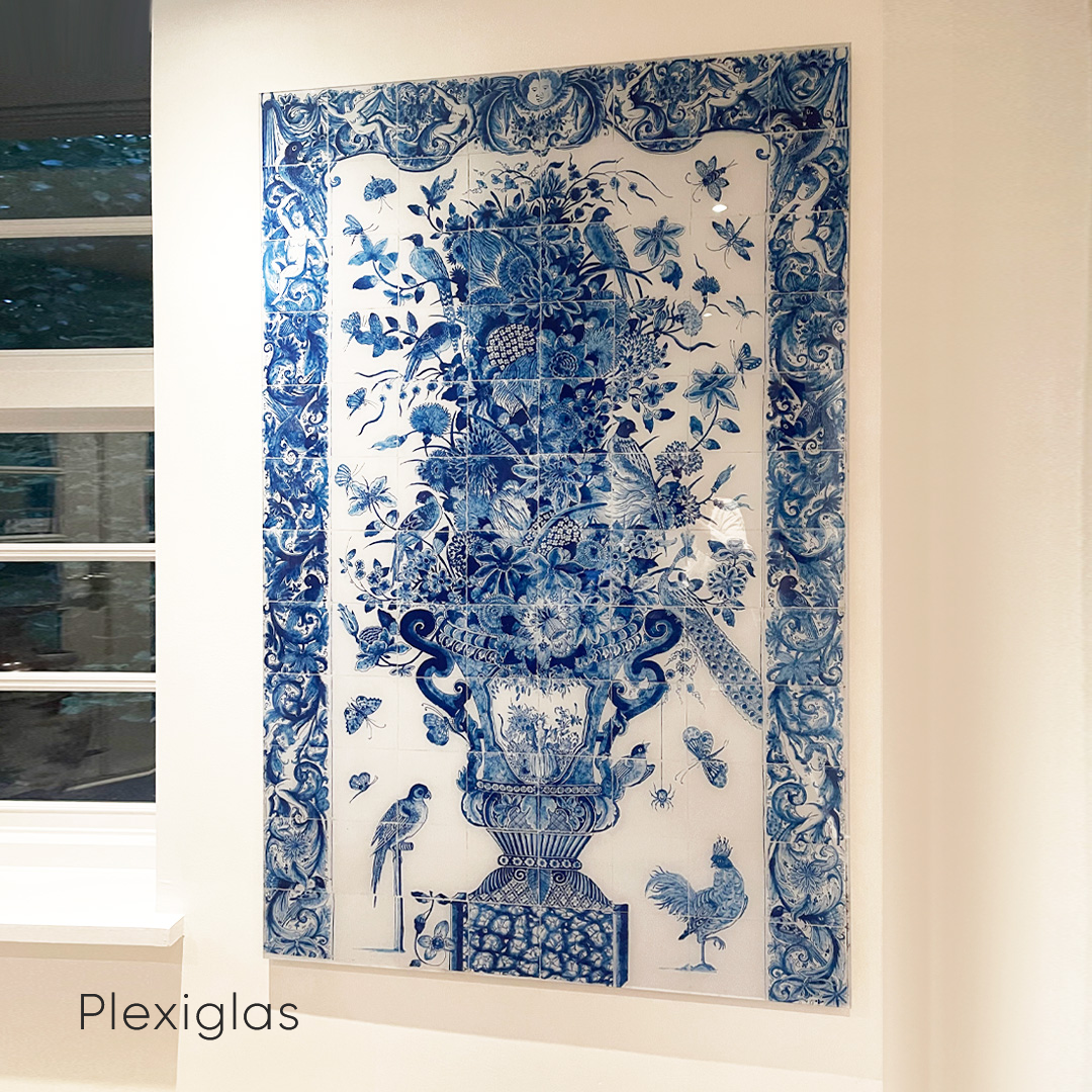 Blue Birds on a tile - Bloemen schilderij- plexiglas schilderij - kunst