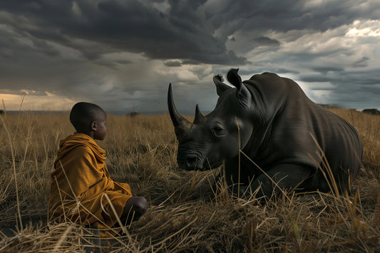 Boy with Rhino- plexiglas schilderij - kunst